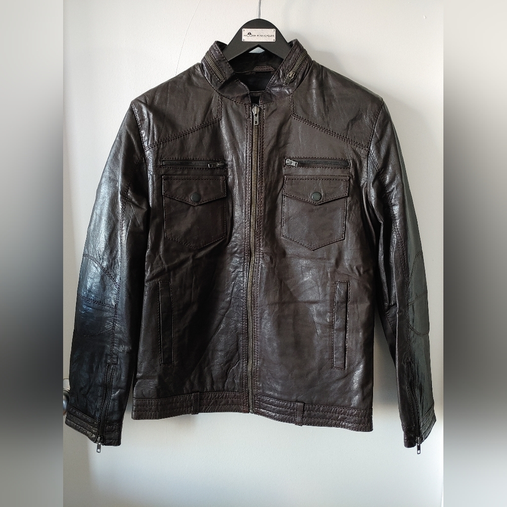 Jack Jones Mens Calf Skin Leather Jacket, Small, Brown